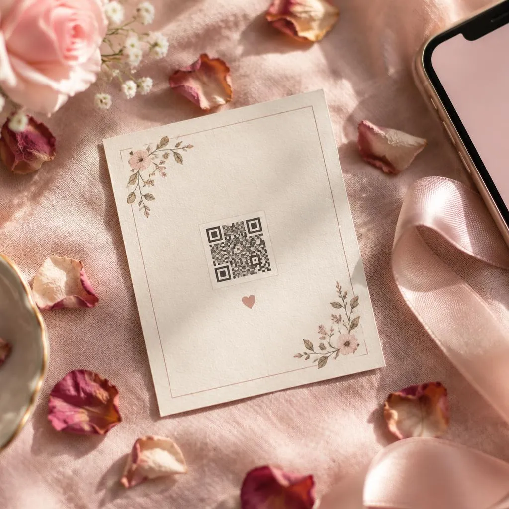 Biglietto regalo con codice QR circondato da petali di rosa
